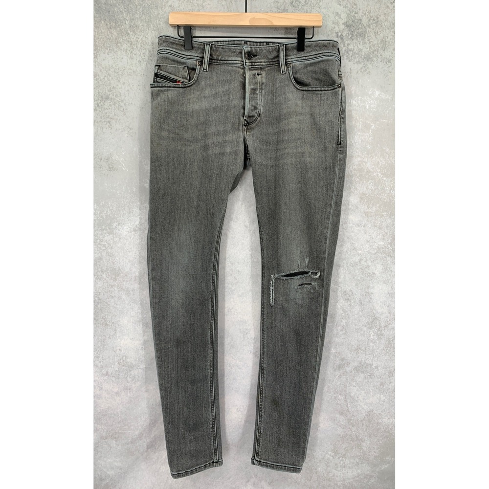 Diesel Sleenker Jeans Men 33x32 Grey Skinny Distressed Button Fly Denim